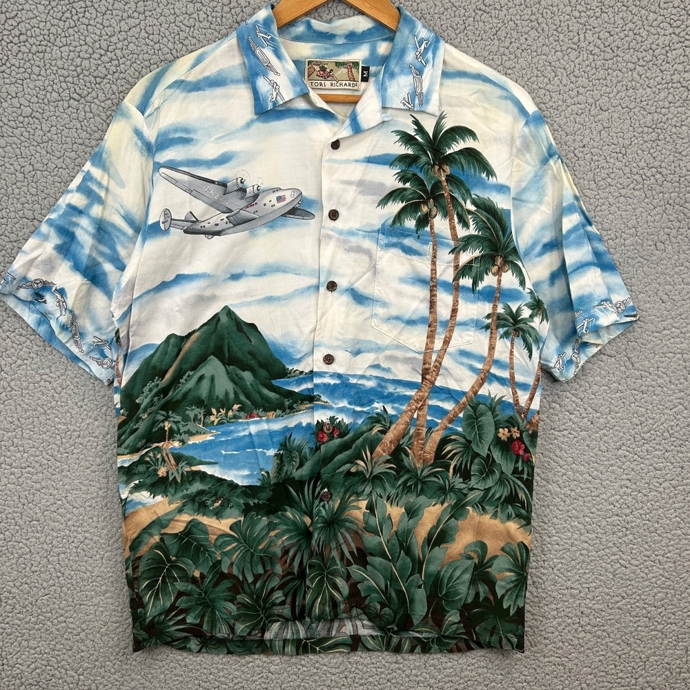 Vintage‎ Tori Richard Men's M Multi-Color Hawaiian Seaplane Rayon Plane Flying